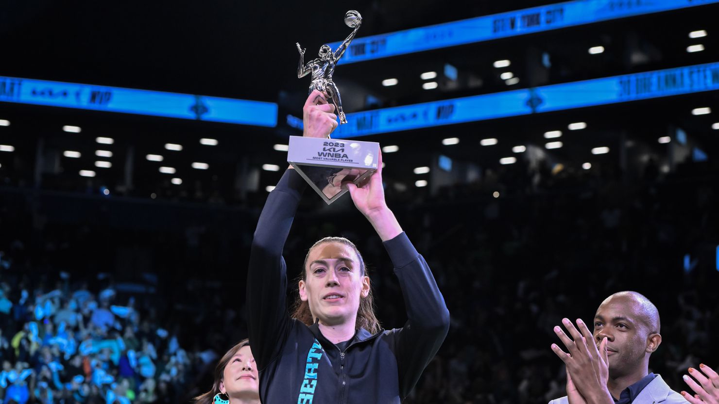 Sep 26, 2023; Brooklyn, New York, USA; New York Liberty forward Breanna Stewart receives the WNBA Most Valuable Player trophy before game two of the 2023 WNBA Playoffs against the Connecticut Sun at Barclays Center. Mandatory Credit: John Jones-USA TODAY Sports