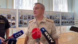 Admiral Viktor Sokolov, the commander of Russia's Black Sea Fleet, speaks with journalists during an interview at a military sports facility in Sevastopol, Crimea, in this still image taken from video released September 27, 2023. Press Service of Russia's Black Sea Fleet/Handout via REUTERS ATTENTION EDITORS - THIS IMAGE WAS PROVIDED BY A THIRD PARTY. NO RESALES. NO ARCHIVES. MANDATORY CREDIT.