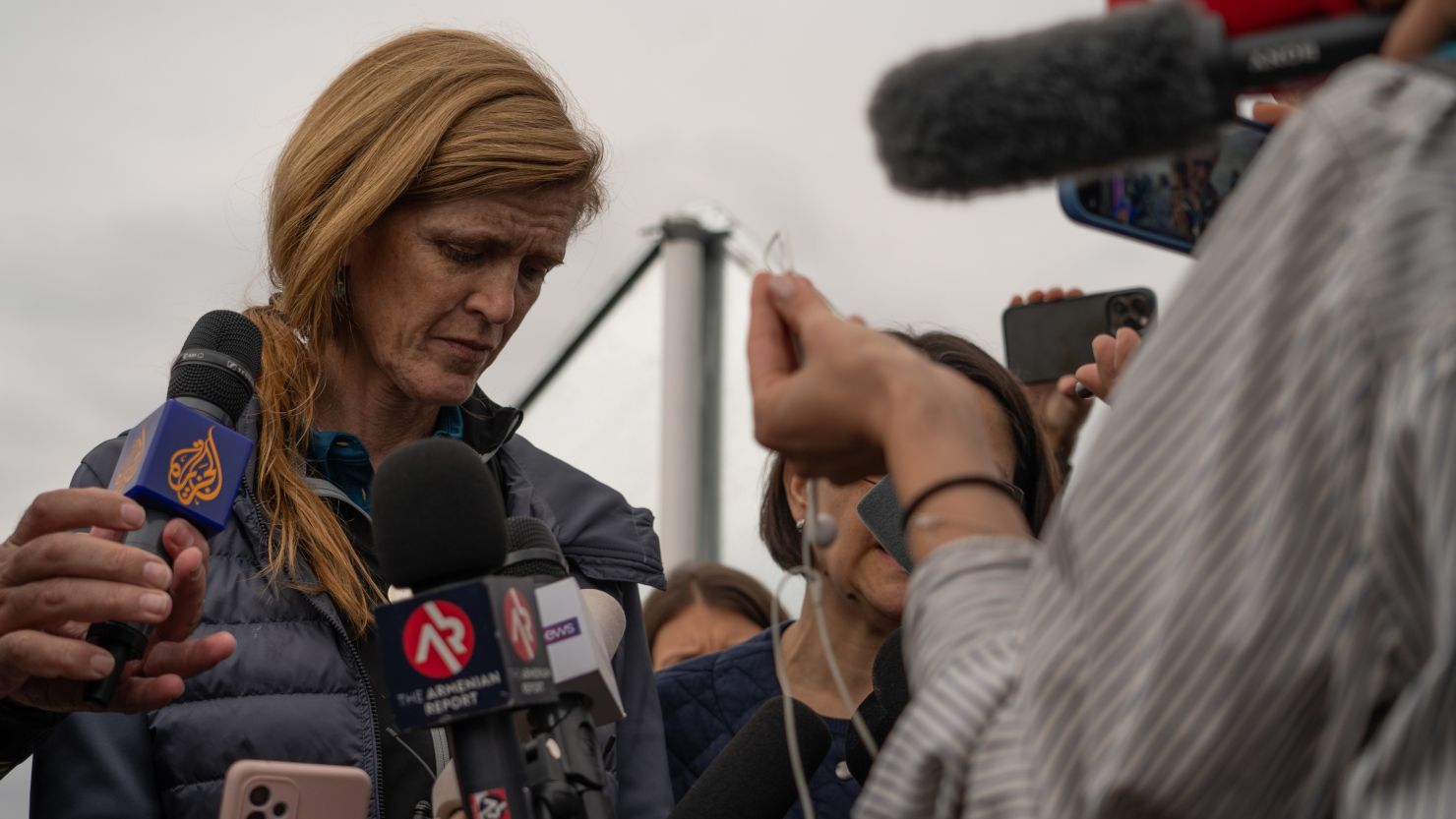 KORNIDZOR, ARMENIA - SEPTEMBER 26: USAID chief Samantha Powers gives a press conference after visiting the humanitarian hub welcoming refugees from Nagorno-Karabakh on September 26, 2023 in Kornidzor, Armenia. Some 30,000 Armenians have fled Nagorno-Karabakh in the past week after the defeat of Armenian separatist forces against Azerbaijan. (Photo by Astrig Agopian/Getty Images)