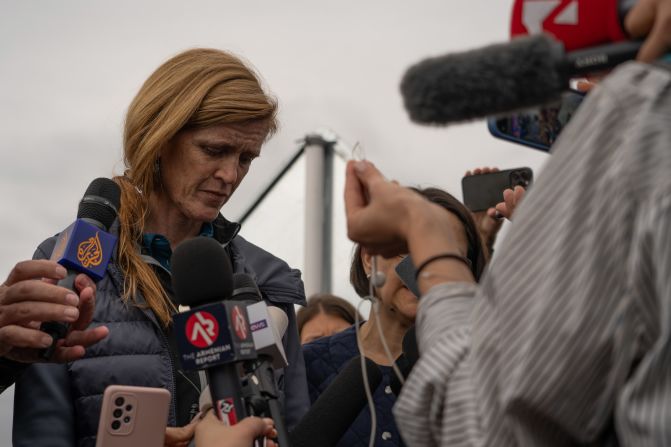 Samantha Power, the administrator of the US Agency for International Development, speaks to the press after visiting the humanitarian hub in Kornidzor on September 26. Power said many of those who had arrived <a href="index.php?page=&url=https%3A%2F%2Fwww.cnn.com%2F2023%2F09%2F26%2Feurope%2Fus-envoy-support-nagorno-karabakh-intl%2Findex.html" target="_blank">were suffering from "severe malnutrition,"</a> according to doctors at the scene. "It is absolutely critical that independent monitors as well as humanitarian organizations get access to the people in Nagorno-Karabakh who still have dire needs," she said.
