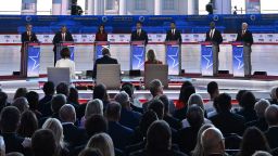 (From L) North Dakota Governor Doug Burgum, former Governor of New Jersey Chris Christie, former Governor from South Carolina and UN ambassador Nikki Haley, Florida Governor Ron DeSantis, entrepreneur Vivek Ramaswamy, US Senator from South Carolina Tim Scott and former US Vice President Mike Pence attend the second Republican presidential primary debate at the Ronald Reagan Presidential Library in Simi Valley, California, on September 27, 2023. (Photo by Robyn BECK / AFP) (Photo by ROBYN BECK/AFP via Getty Images)