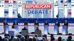 North Dakota Gov. Doug Burgum, former Gov. of New Jersey Chris Christie, former Gov. from South Carolina and UN ambassador Nikki Haley, Florida Gov. Ron DeSantis, entrepreneur Vivek Ramaswamy, US Senator from South Carolina Tim Scott and former US Vice President Mike Pence attend the second Republican presidential primary debate at the Ronald Reagan Presidential Library in Simi Valley, California, on September 27, 2023.