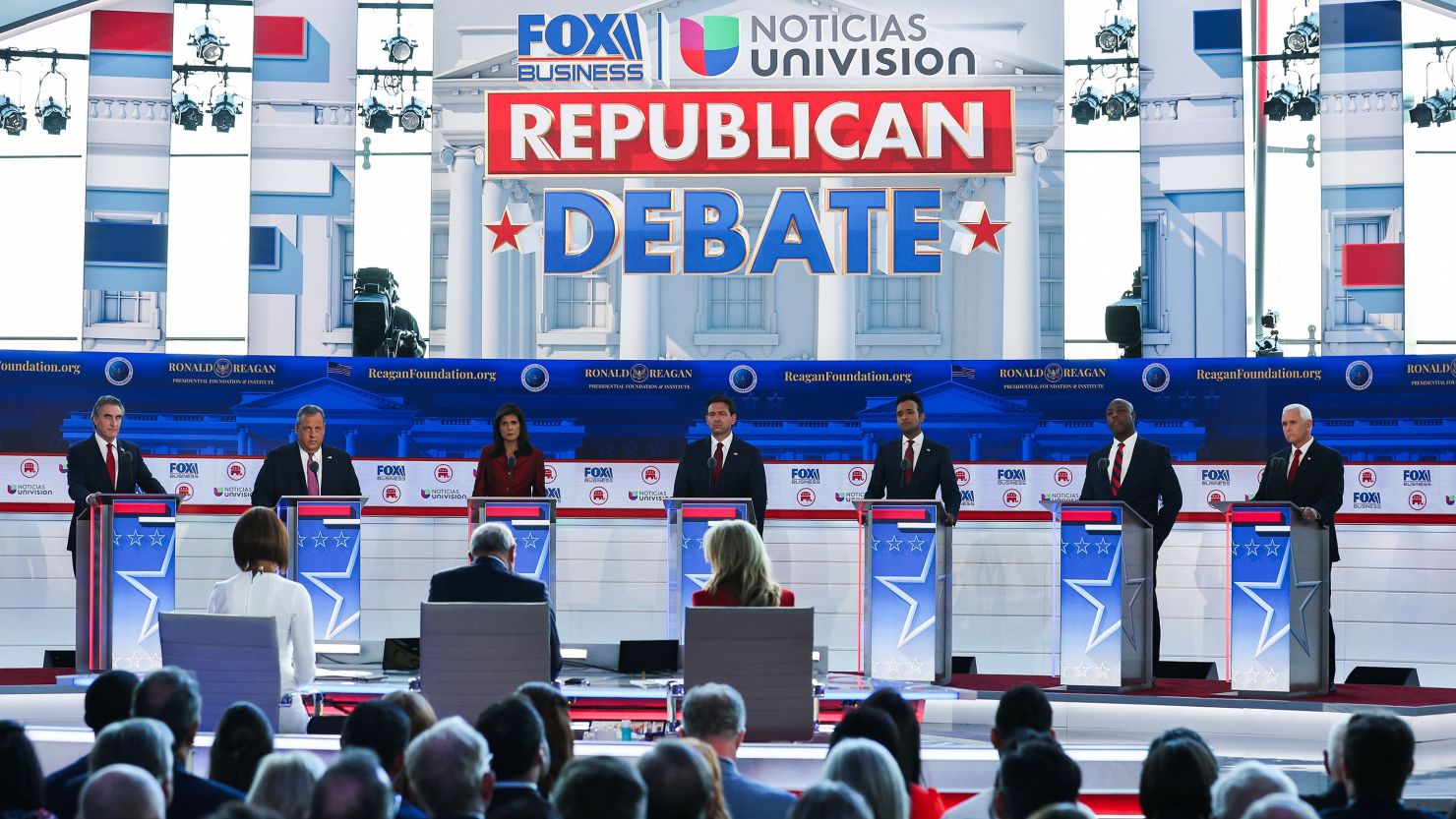 GOP candidates attend the second primary debate at the Ronald Reagan Presidential Library in Simi Valley, California, on September 27, 2023.