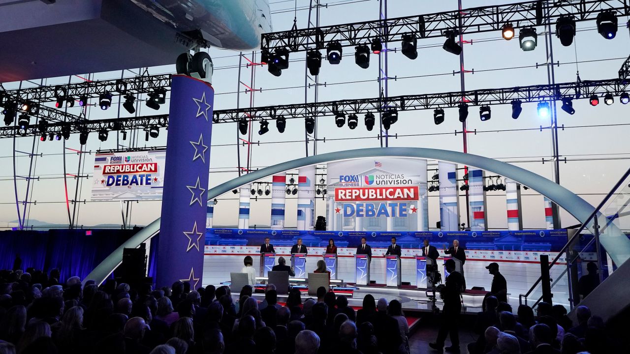 Republican presidential candidates stand behind their podiums during a Republican presidential primary debate hosted by FOX Business Network and Univision, Wednesday, Sept. 27, 2023, at the Ronald Reagan Presidential Library in Simi Valley, Calif. (AP Photo/Mark J. Terrill)