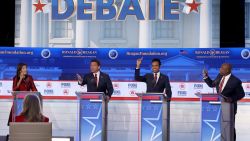 SIMI VALLEY, CALIFORNIA - SEPTEMBER 27: Republican presidential candidates (L-R), former U.N. Ambassador Nikki Haley, Florida Gov. Ron DeSantis, Vivek Ramaswamy and U.S. Sen. Tim Scott (R-SC) participate in the FOX Business Republican Primary Debate at the Ronald Reagan Presidential Library on September 27, 2023 in Simi Valley, California. Seven presidential hopefuls squared off in the second Republican primary debate as former U.S. President Donald Trump, currently facing indictments in four locations, declined again to participate. (Photo by Justin Sullivan/Getty Images)