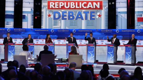 Republican presidential candidates talk over each other during the second Republican candidates' debate of the 2024 U.S. presidential campaign at the Ronald Reagan Presidential Library in Simi Valley, California, U.S. September 27, 2023.