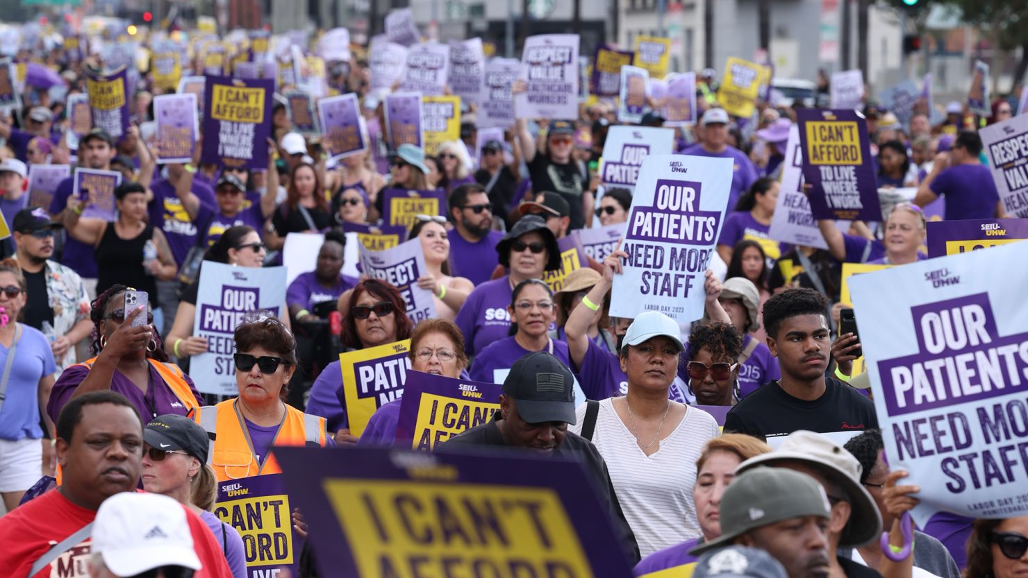 Healthcare workers take part in a rally at Kaiser Permanente's main medical facility on Monday, Sept. 4, 2023 in Los Angeles, CA. 