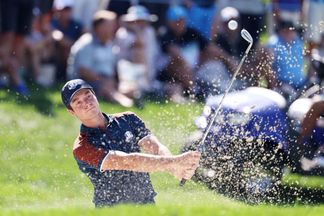 ROME, ITALY - SEPTEMBER 28: Viktor Hovland of Team Europe plays a shot from a bunker during a practice round prior to the 2023 Ryder Cup at Marco Simone Golf Club on September 28, 2023 in Rome, Italy. (Photo by Richard Heathcote/Getty Images)
