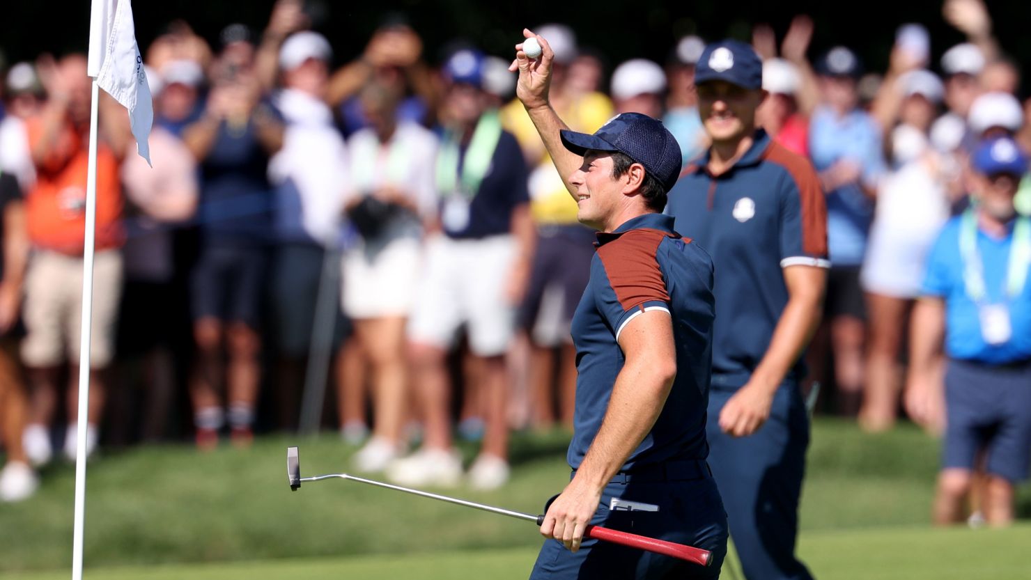 ROME, ITALY - SEPTEMBER 28: Viktor Hovland of Team Europe acknowledges the crowd following a hole-in-one on the fifth hole during a practice round prior to the 2023 Ryder Cup at Marco Simone Golf Club on September 28, 2023 in Rome, Italy. (Photo by Richard Heathcote/Getty Images)