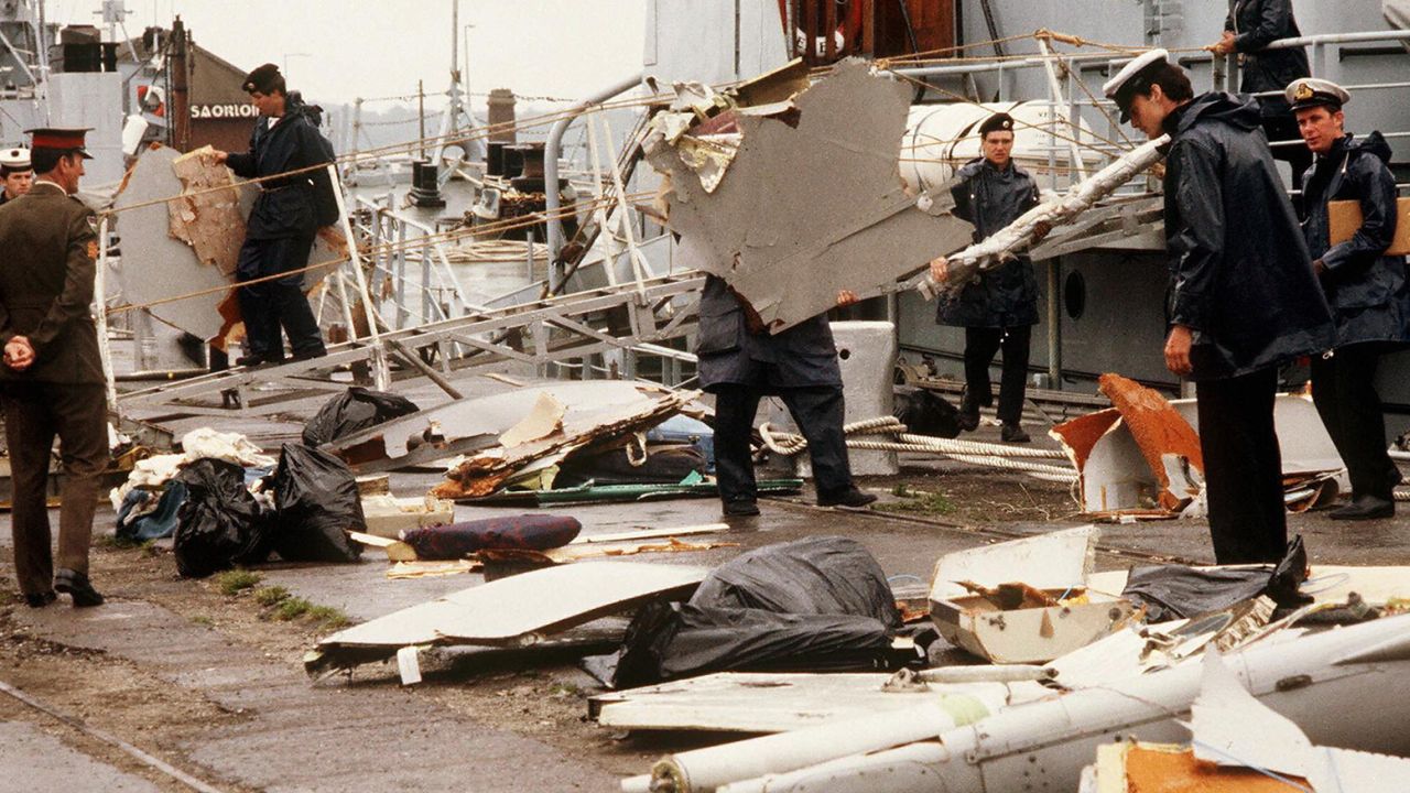 Irish naval authorities bring ashore debris from an Air India Boeing 747 in Cork, Ireland, following the bombing of the aircraft on June 23, 1985. 