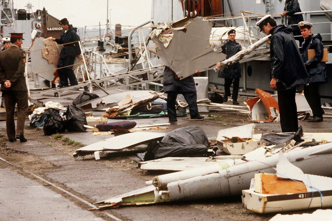 Irish naval authorities bring ashore debris from an Air India Boeing 747 in Cork, Ireland, following the bombing  of the aircraft on June 23, 1985. 