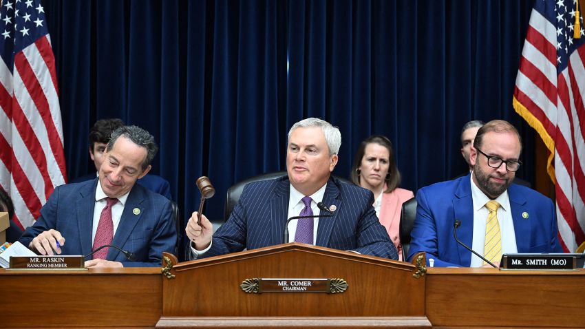 Rep. Jamie Raskin, Rep. James Comer, chairman of the House Oversight Committee and Rep. Jason Smith, during a House Committee on Oversight and Accountability hearing on Capitol Hill in Washington, DC, on September 28, 2023.