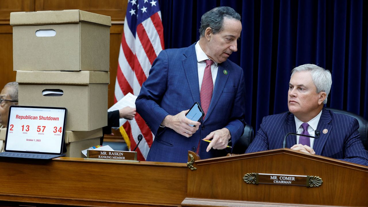 Rep.Jamie Raskin and Oversight Chairman James Comer speak on Capitol Hill in Washington, DC, on Thursday.