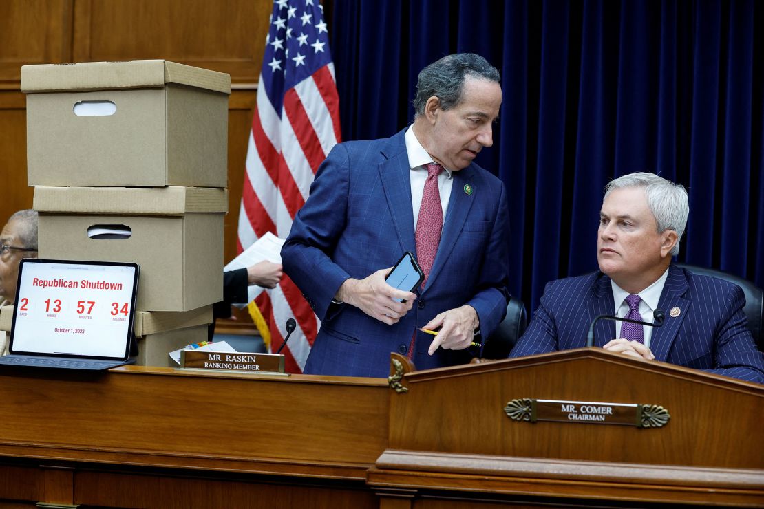 Rep.Jamie Raskin and Oversight Chairman James Comer speak on Capitol Hill in Washington, DC, on Thursday.