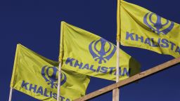 Pro-indepence Khalistan flags are seen at the Guru Nanak Sikh Gurdwara temple, site of the June 2023 killing of Sikh leader Hardeep Singh Nijjar, in Surrey, British Columbia, Canada September 20, 2023. 