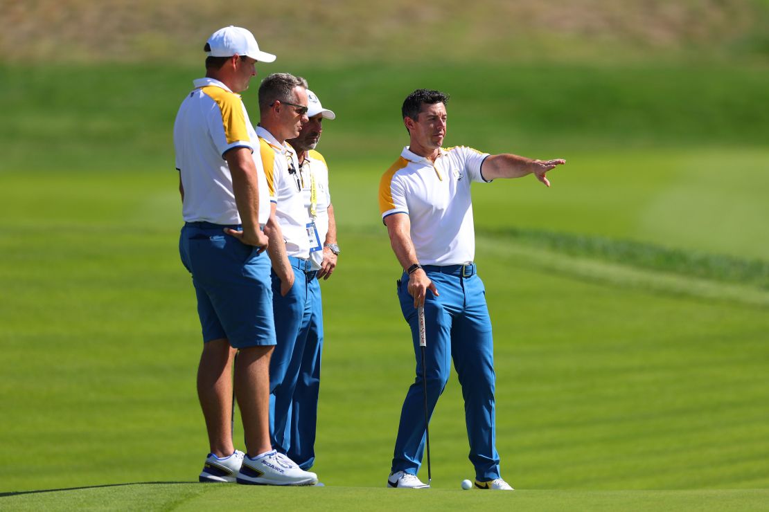ROME, ITALY - SEPTEMBER 26: Sepp Straka, Luke Donald, Captain, Jose Maria Olazabal, Vice Captain and Rory McIlroy of Team Europe talk on the seventh hole during the European Team Portraits at the 2023 Ryder Cup at Marco Simone Golf Club on September 26, 2023 in Rome, Italy. (Photo by Andrew Redington/Getty Images)
