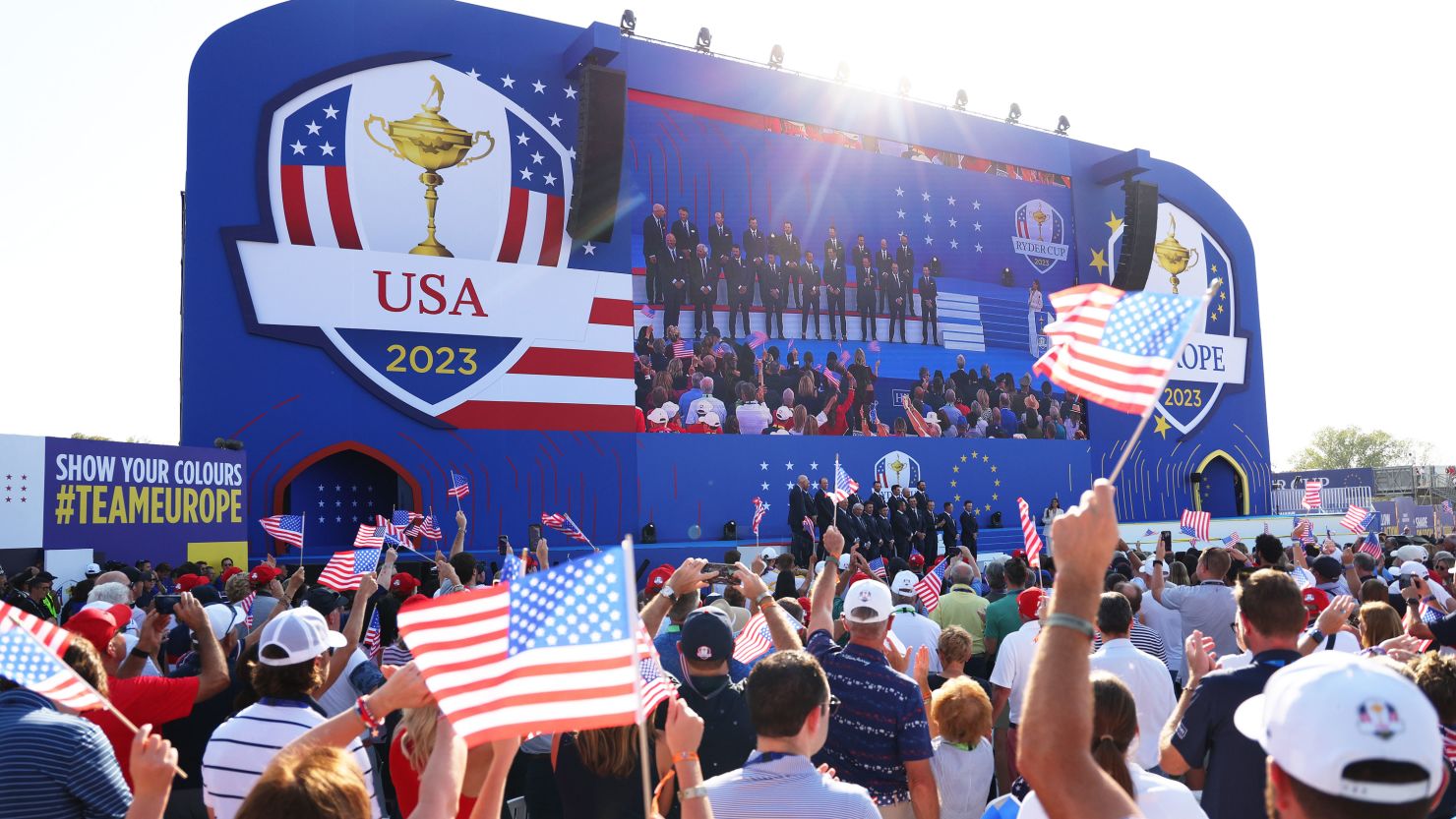 ROME, ITALY - SEPTEMBER 28: Fans wave flags in support of Team United States during the opening ceremony for the 2023 Ryder Cup at Marco Simone Golf Club on September 28, 2023 in Rome, Italy. (Photo by Patrick Smith/Getty Images)