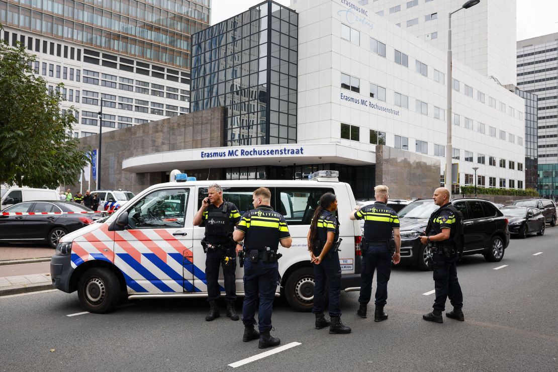 Netherlands' police officers gather near the entrance to Erasmus University Medical Center (Erasmus MC) in Rotterdam on September 28, 2023.
