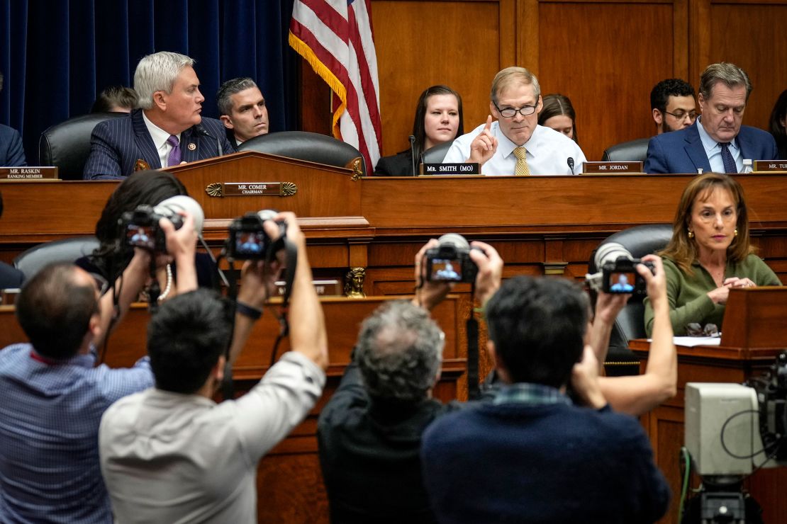 Rep Jim Jordan delivers remarks during the House Oversight Committee hearing on Capitol Hill on September 28, 2023 in Washington, DC. 