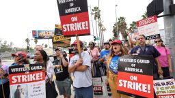 SAG-AFTRA actors and Writers Guild of America (WGA) writers walk the picket line during their ongoing strike outside Netflix offices in Los Angeles, California, U.S., September 22, 2023.