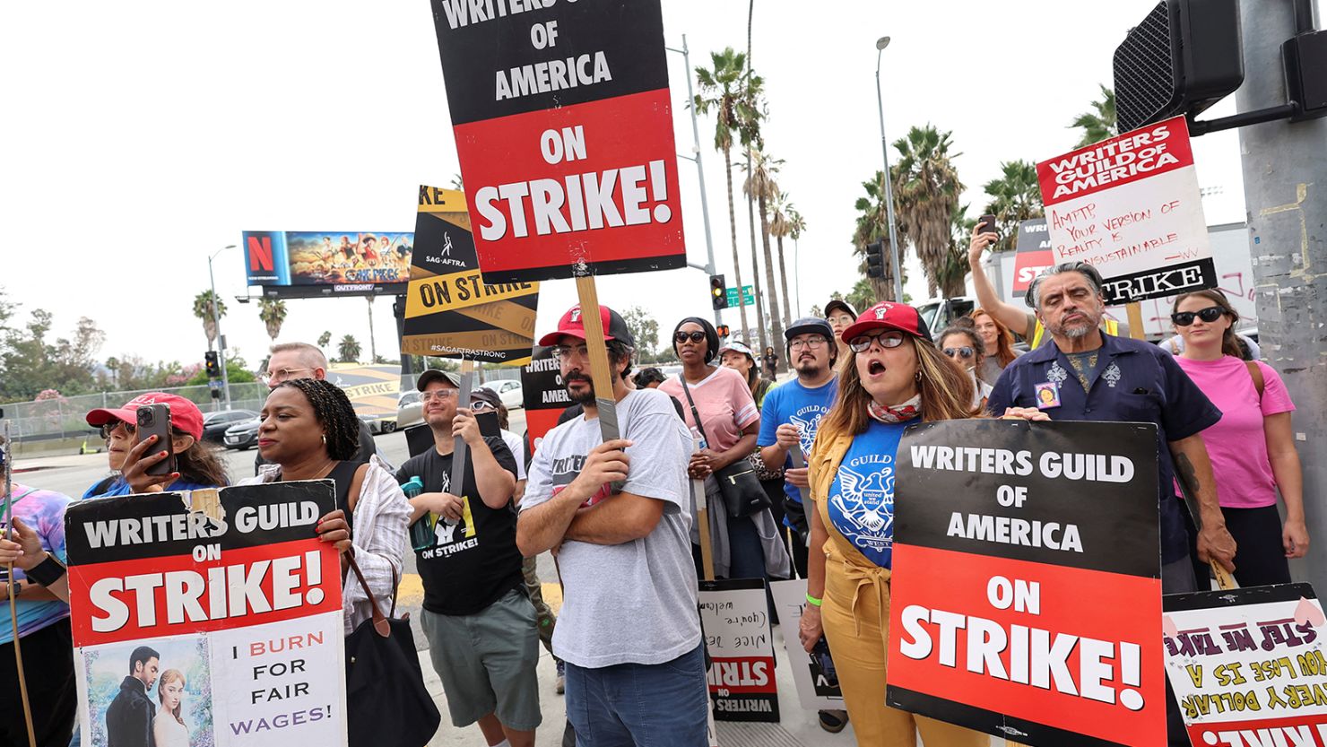 SAG-AFTRA actors and Writers Guild of America writers walk the picket line.