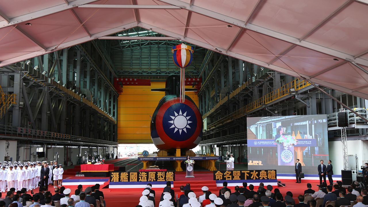 Taiwan's president gives a speech at the launch ceremony of Taiwan's first domestically built submarine, in Kaohsiung on September 28.