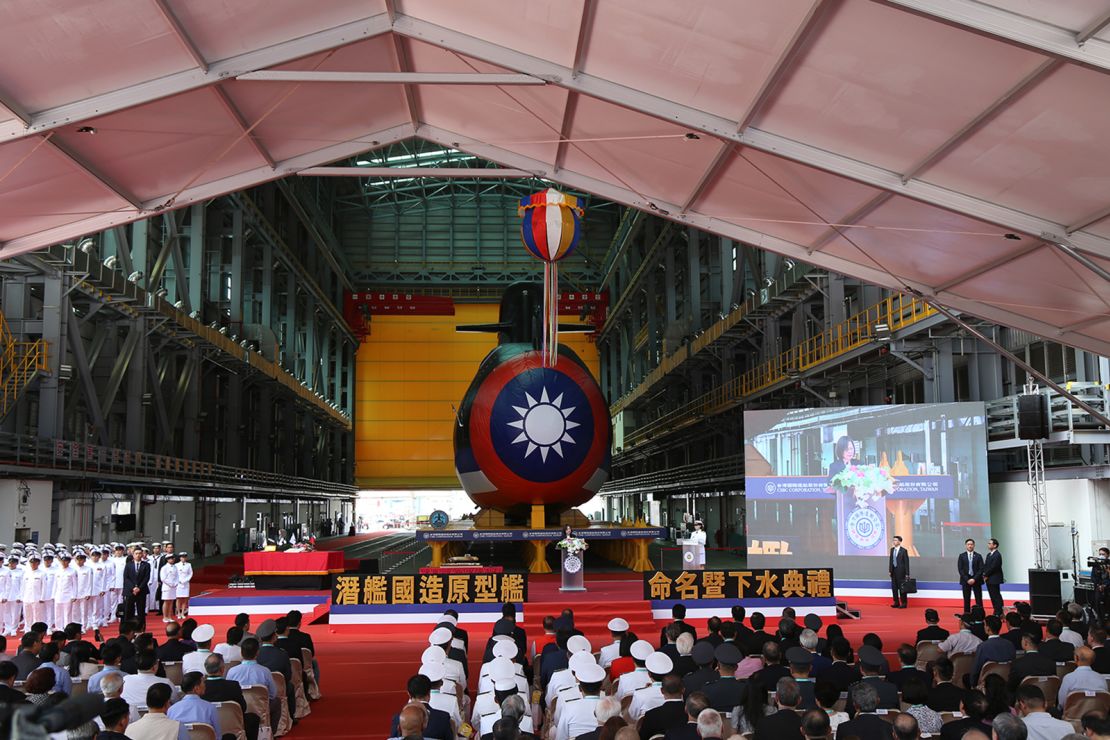 Taiwan's president gives a speech at the launch ceremony of Taiwan's first domestically built submarine, in Kaohsiung on September 28.