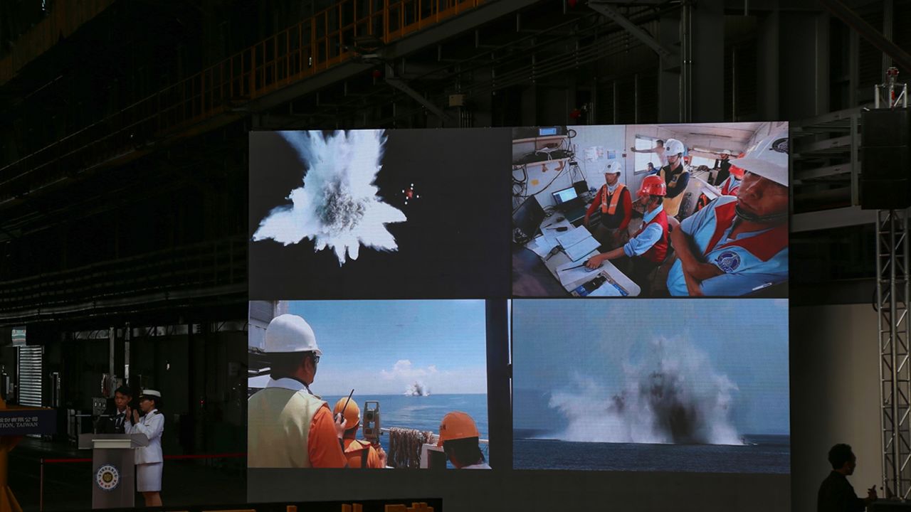 A video showing the submarine's construction and testing is shown during the launch ceremony in Kaohsiung on September 28.