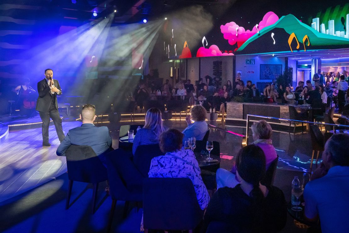 AMSTERDAM, NETHERLANDS - JUNE 06: Guests enjoy evening entertainment in the Cabaret Lounge onboard MSC Euribia as it sets sail from Amsterdam to Copenhagen ahead of Thursday's naming ceremony on June 06, 2023 in Amsterdam, Netherlands. (Photo by Anthony Devlin/Getty Images for MSC Cruises)