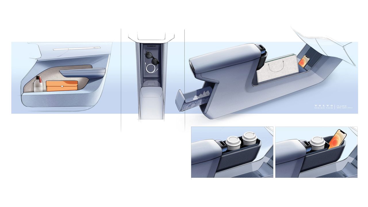 Design sketches for the Volvo EX30 flexible center console.