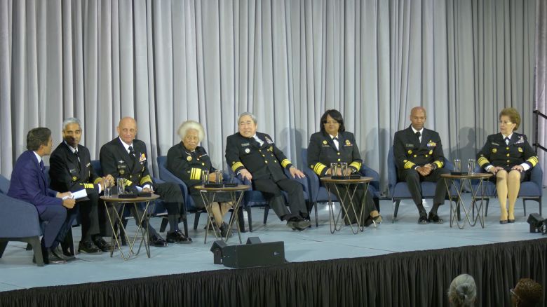 From left, Dr. Sanjay Gupta, Vice Admiral Vivek H. Murthy, Richard H. Carmona, M. Joycelyn Elders, Kenneth P. Moritsugu, Regina M. Benjamin, Jerome M. Adams, and Antonia Coello Novello during a panel on "The Future of Mental Health and Wellness" at Dartmouth College on September 28, 2023.