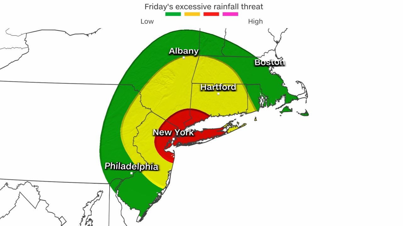 A Level 3 out of 4 flood threat for Friday includes New York City.