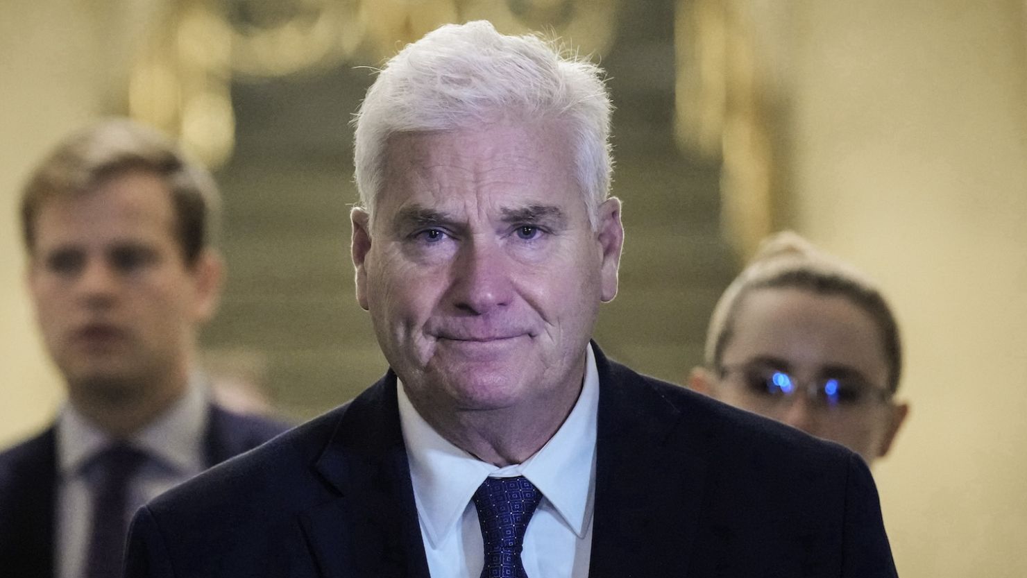 Majority Whip Rep. Tom Emmer arrives for a House Republican caucus meeting at the US Capitol on September 19, 2023.