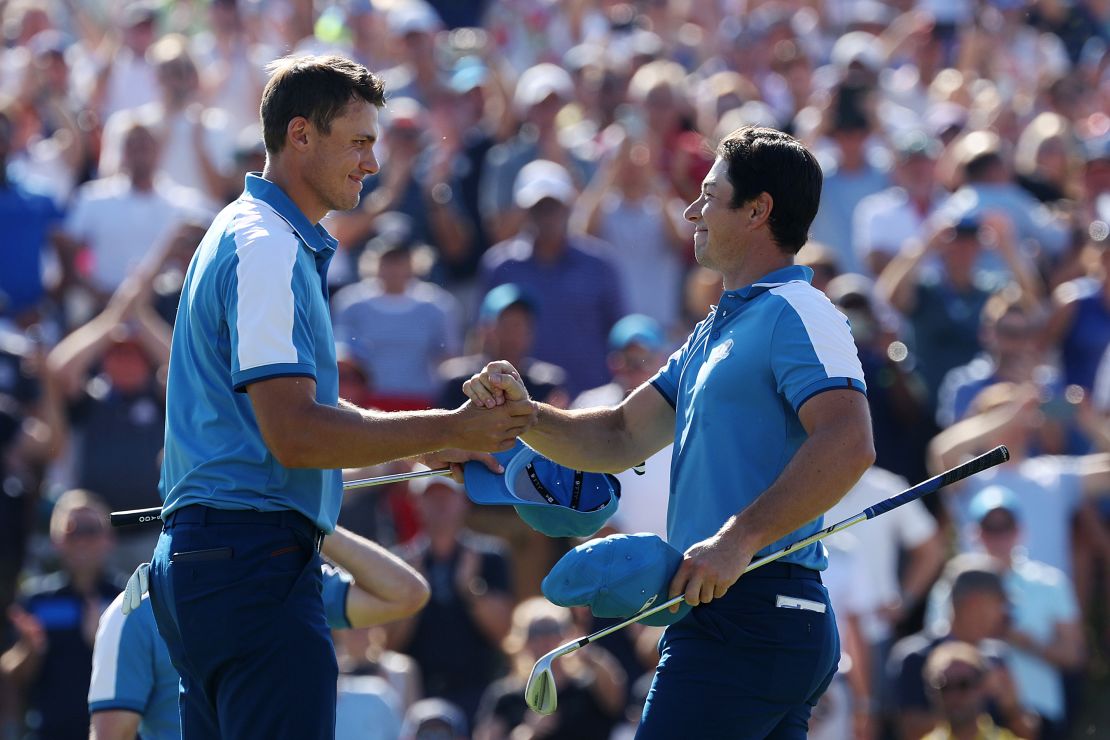 Ludvig Aberg and Viktor Hovland of Team Europe celebrate on the 15th green during the Friday morning foursomes matches of the 2023 Ryder Cup at Marco Simone Golf Club on September 29, 2023 in Rome, Italy.