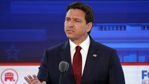 Florida Gov. Ron DeSantis speaks during a Republican presidential primary debate hosted by FOX Business Network and Univision, Wednesday, September 27, 2023, at the Ronald Reagan Presidential Library in Simi Valley, Calif.