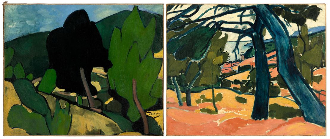 Two of the André Derain paintings owned by René Gimpel, "Paysage a Cassis" (L) and "Pinede, Cassis" (R).