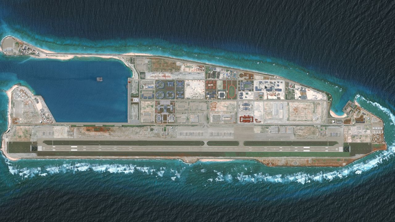 A runway and military installations built on Fiery Cross Reef as of August 15, 2018.