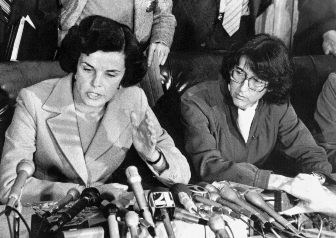 Dianne Feinstein, president of the board of supervisors, holds a press conference following the killing of Mayor George Moscone and supervisor Harvey milk. Feinstein, who was Moscone's designated successor, was in her office a few feet away from the shootings. "I heard shots. I heard three," she said.