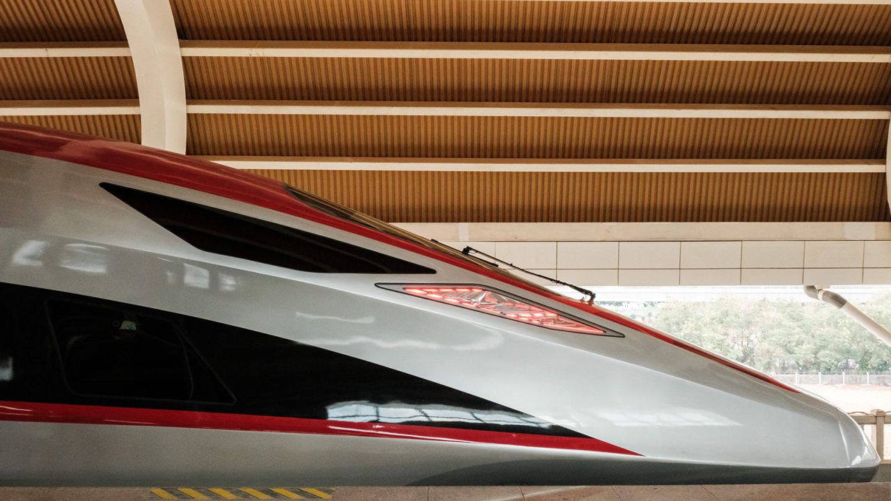 The first car of the Jakarta-Bandung high-speed train is seen on the platform during a week-long public trial phase at the Halim station in Jakarta on September 17, 2023. 