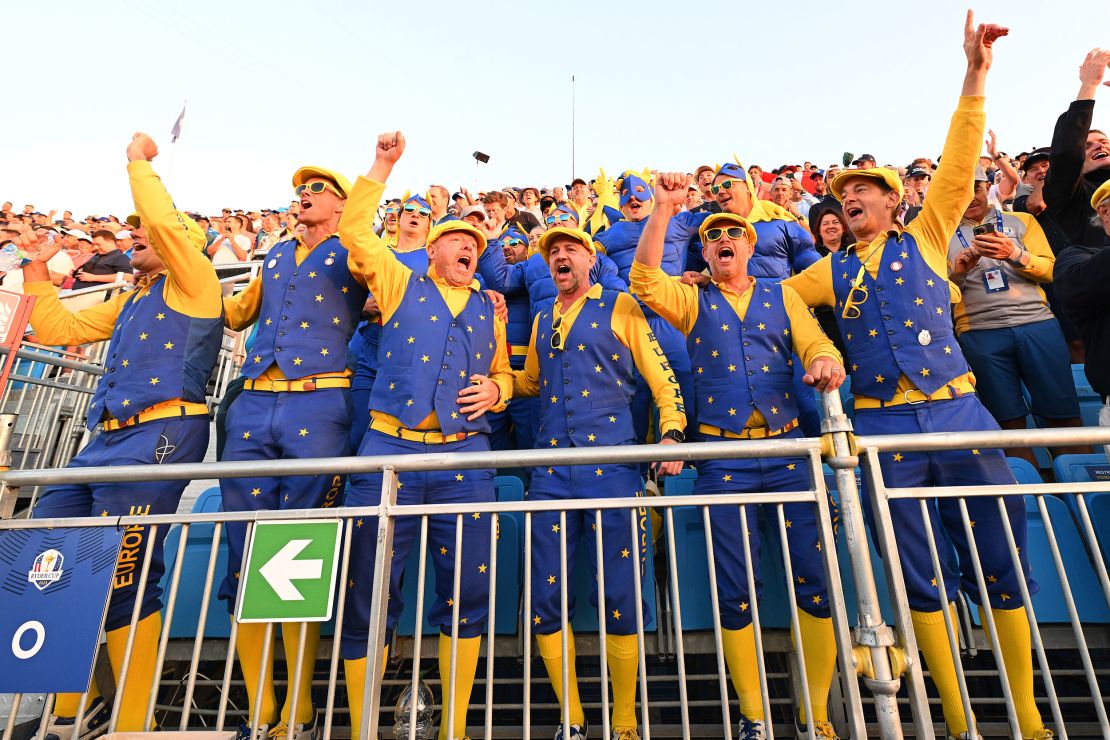 ROME, ITALY - SEPTEMBER 29: Fans of Team Europe react during the Friday morning foursomes matches of the 2023 Ryder Cup at Marco Simone Golf Club on September 29, 2023 in Rome, Italy. (Photo by Alex Burstow/Getty Images)