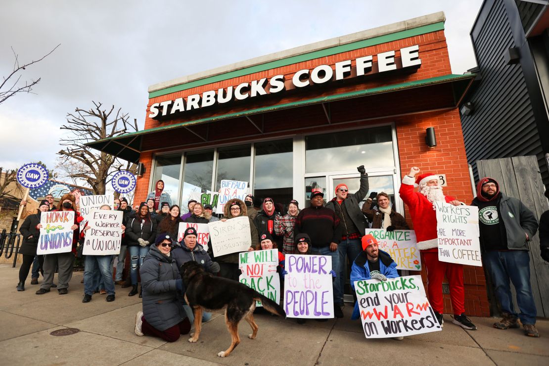Starbucks workers rally outtside of a store in Buffalo, New York, in 2022.