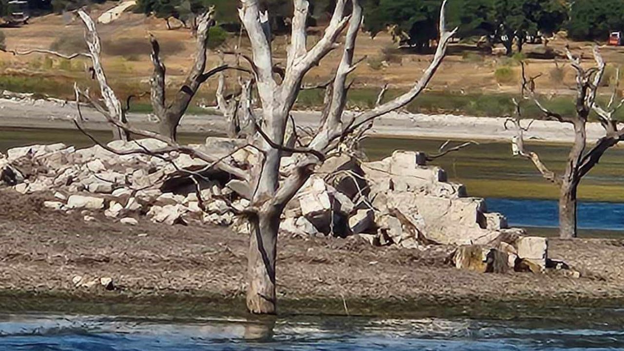 A bridge and rubble from a previous house that was underwater at Canyon Lake in Texas reappeared due to historically low water levels. 