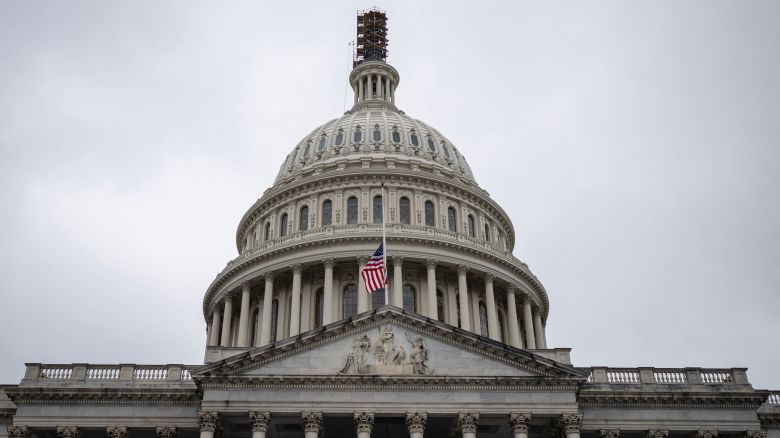 The US flag flies at half staff after the death of US Senator Dianne Feinstein, Democrat of California, at the US Capitol in Washington, DC on September 29, 2023. 