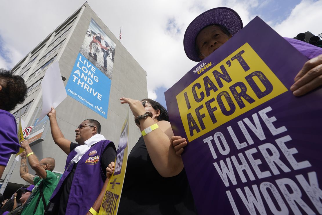 Frontline healthcare workers hold a demonstration amidst workers' simmering concerns over unsafe staffing levels on Labor Day outside Kaiser Permanente Los Angeles Medical Center in Hollywood in Los Angeles, Monday, Sep. 4, 2023. 