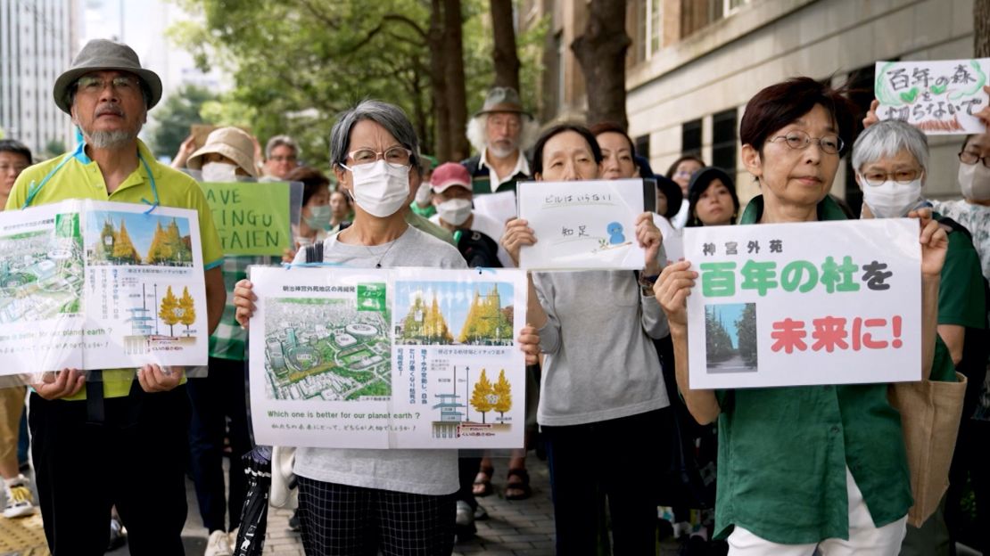 Protesters gather for a demonstration at Meiji Jingu Gaien on September 15, 2023.