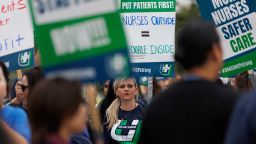 Registered nurses at Kaiser Permanente San Diego conduct an early morning one-day informational picket outside one of the company's three medical centers in San Diego, California, U.S., September 19, 2023.   
