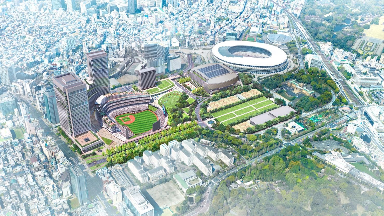 A digital rendering shows the proposed Jingu Gaien District Urban Redevelopment Project, which is set to complete in 2036.