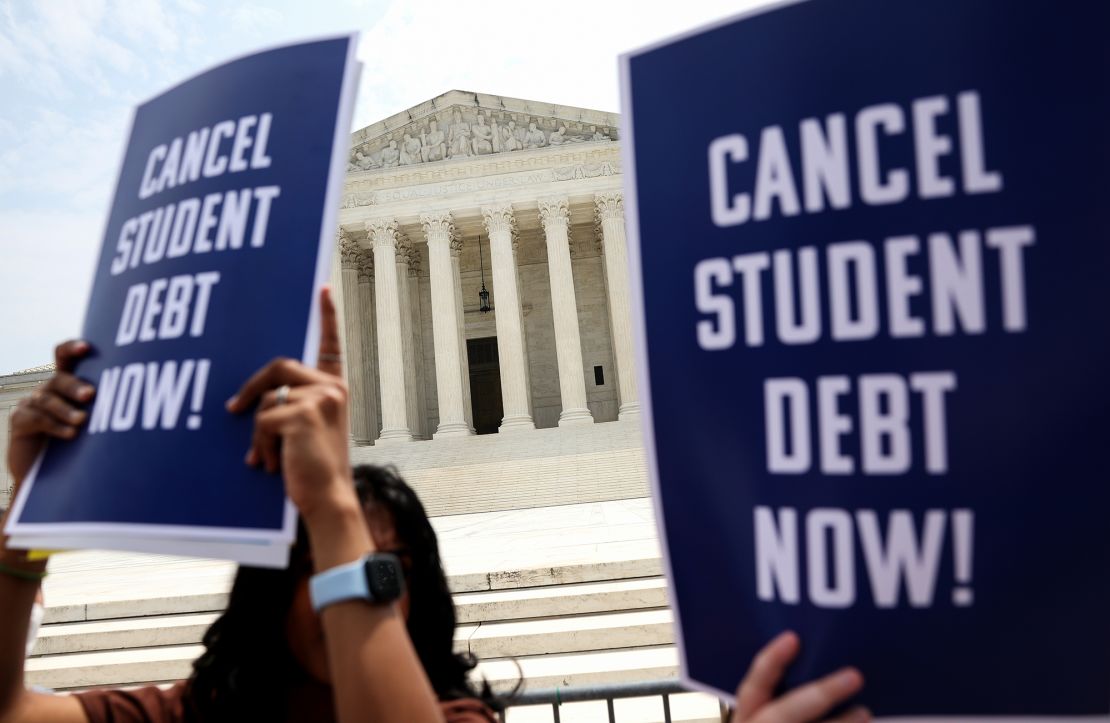 Student debt relief activists participate in a rally at the US Supreme Court on June 30, 2023 in Washington, DC. In a 6-3 decision, the Court struck down the Biden administration's student debt forgiveness program.
