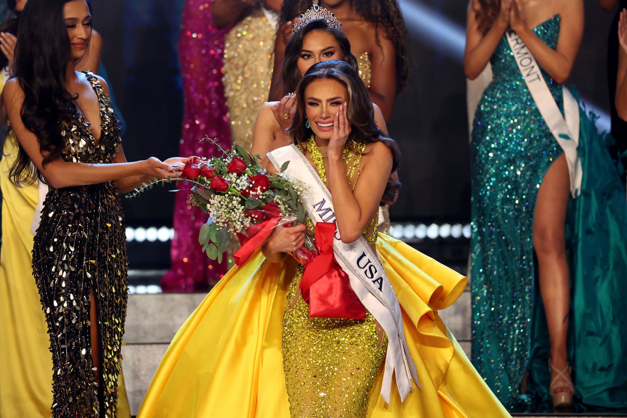 A tearful Noelia Voigt, of Utah, reacts as she receives the Miss USA sash and tiara, shortly after she was crowned the 2023 Miss USA during the televised pageant on September 29.