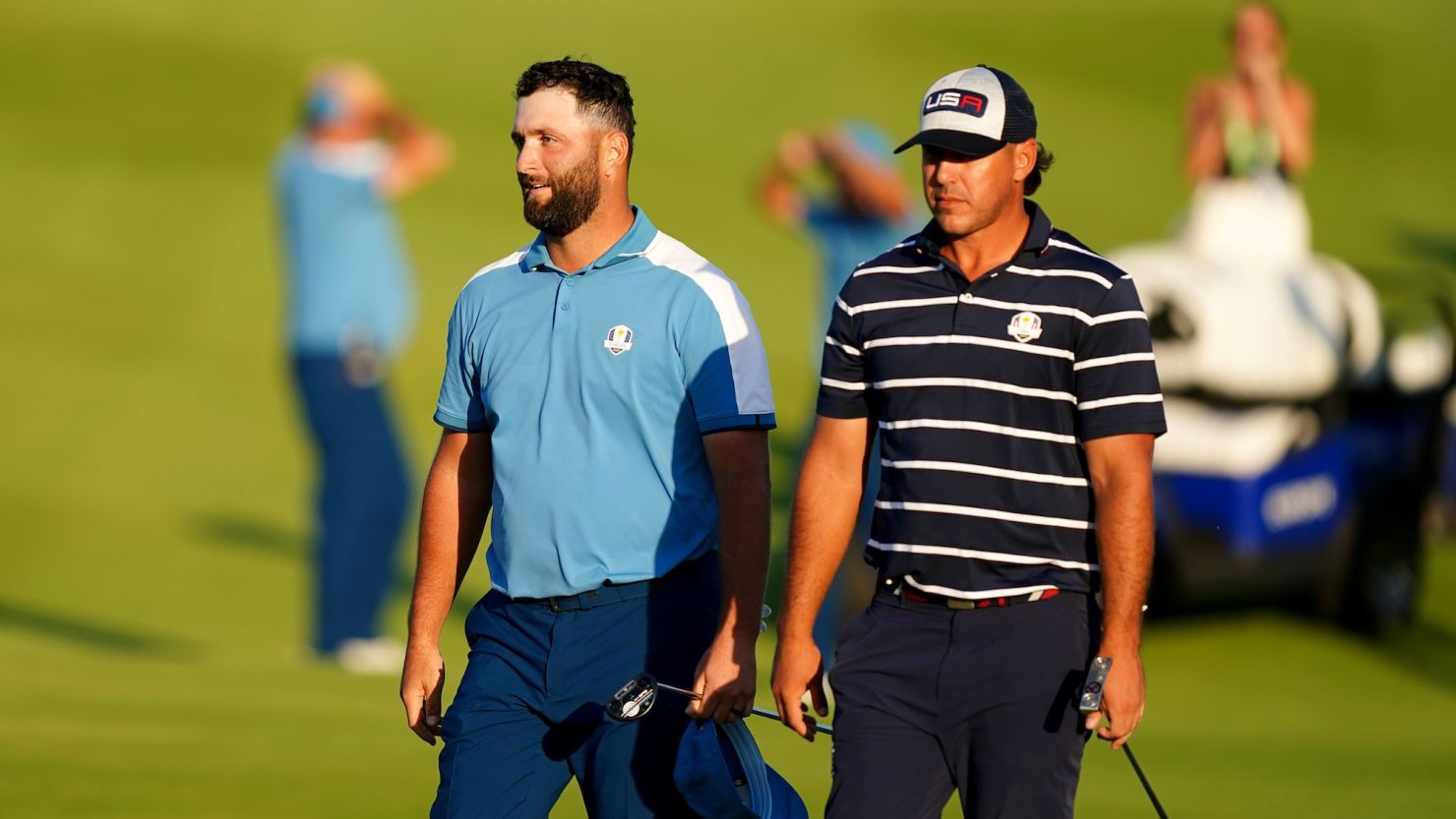 USA's Brooks Koepka shakes with Team Europe's Jon Rahm following the fourballs on day one of the 44th Ryder Cup at the Marco Simone Golf and Country Club, Rome, Italy. Picture date: Friday September 29, 2023. (Photo by Mike Egerton/PA Images via Getty Images)